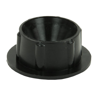 A set of black plastic cylindrical Louët Bobbin End Caps by Louët Inc. featuring vertical ridges and a flared base with a smooth interior surface. These mechanical components are designed specifically for use in Louët wheels as bobbin bearings or sleeves, with an open and hollow top.