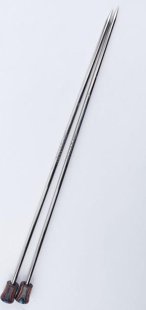 Two long, straight metal skewers with pointed tips and wooden handles, placed parallel on a white background. The skewers, reminiscent of Accessories Unlimited's Nova Platina Single Point Knitting Needles, are sleek and shiny, reflecting light beautifully.