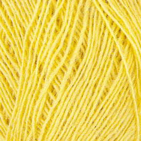 Close-up of a bundle of Einband Lopi yellow Icelandic wool yarn from Berroco, Inc. with visible fibers, showcasing its texture and twisted strands. The image highlights the bright, vibrant yellow color and the detailed structure of the yarn threads, perfect for lace knitting or intricate colorwork projects.