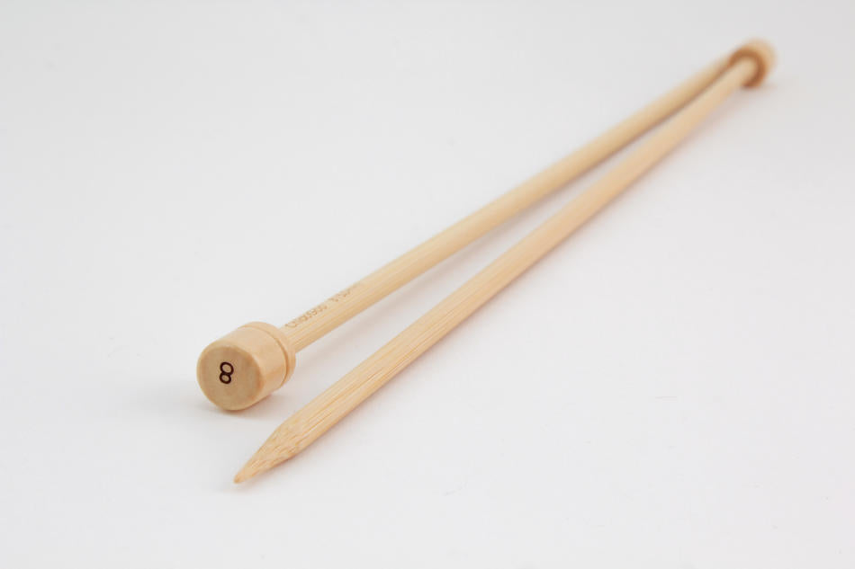 A pair of Accessories Unlimited Bamboo Single-Point Knitting Needles, 12", against a white background. One knitting needle is pointing to the left with its tip visible, while the other is pointing right with a rounded end displaying the number "8".