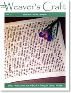 Cover of Weaver's Craft Issue 12: Leno, Mexican Lace, Brook's Bouquet, and Leno Motifs by Plain Tabby Press. Features a woven lace pattern in white with a purple crocus placed on top. Text below the image lists: "Leno," "Mexican Lace," "Brook's Bouquet," and "Leno Motifs." A beautiful leno sampler weaving highlights these techniques. This edition is from Spring 2003, Volume 4, Number 1.