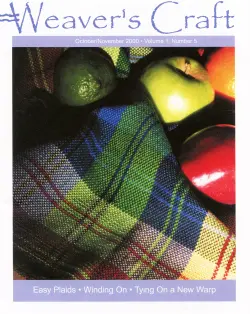 Cover of Weaver's Craft, Issue 5: Warping from the Front of the Loom Part 3: Winding On the Warp by Plain Tabby Press, October/November 2000. The image showcases a plaid woven fabric in vibrant colors with apples and limes resting on it. Featured articles include Easy Plaids, Winding On, Tying On a New Warp, and weaving-related topics on plain-weave towels and warping materials.