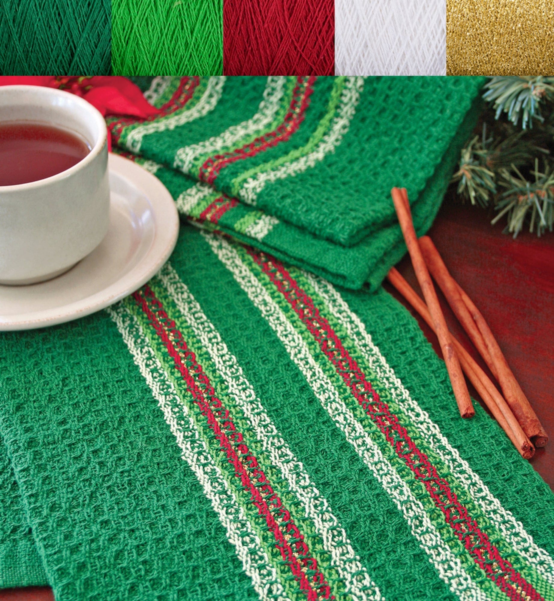 Halcyon Yarn Weaving Kits Holiday Greens Waffle Weave Dish Towel Kit