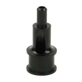 The Louët Irish Tension Replacement Orifices by Louet Inc. are black cylindrical adapters with a flared base and narrow top, designed for connecting hoses or tubes of various sizes. Their smooth surface ensures easy integration, making them perfect as replacement orifices for Louët Spinning Wheels.