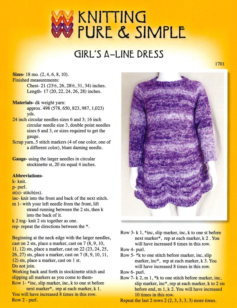 Knitting Patterns Girlaposs ALine Dress by Knitting Pure and Simple