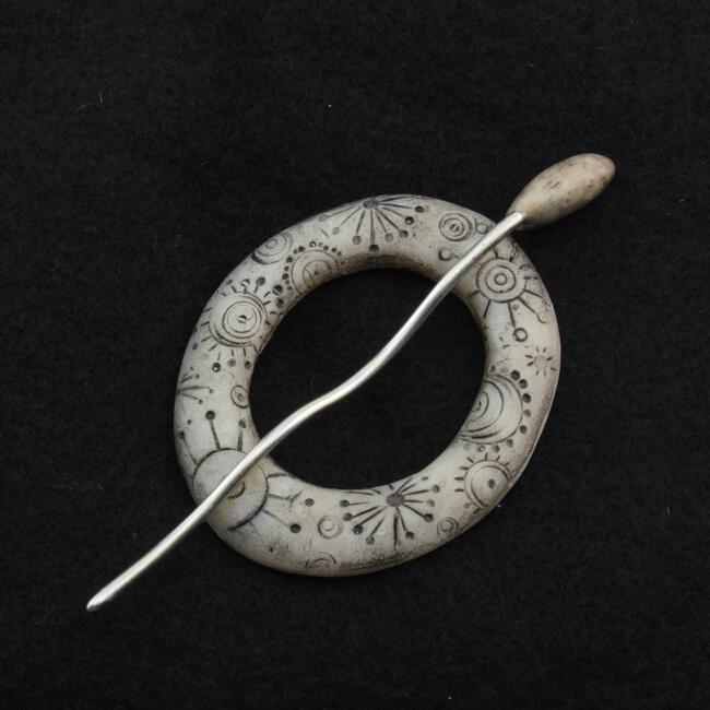 Scrimshaw Carved Ring Shawl Pin by Bonnie Bishoff Designs