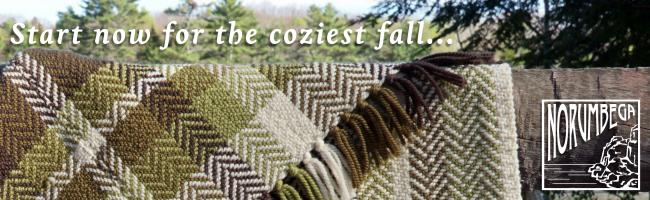 woven green and brown blanket with white text: start now for the coziest fall