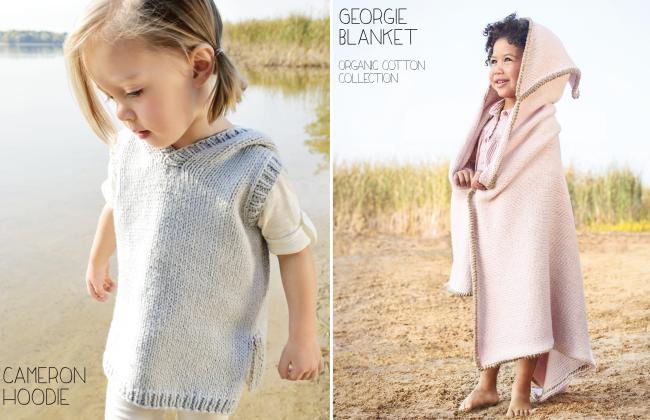 image of two children, one wearing the sleeveless, hooded cameron tunic in sky blue and another wearing a hooded blanket in shell pink with stone brown accents