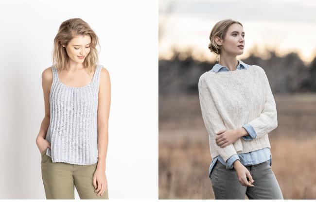 image of woman wearing the shoreham tank top and another image of a woman wearing the long-sleeved wide-necked shady hollow sweater, both in organic worsted cotton
